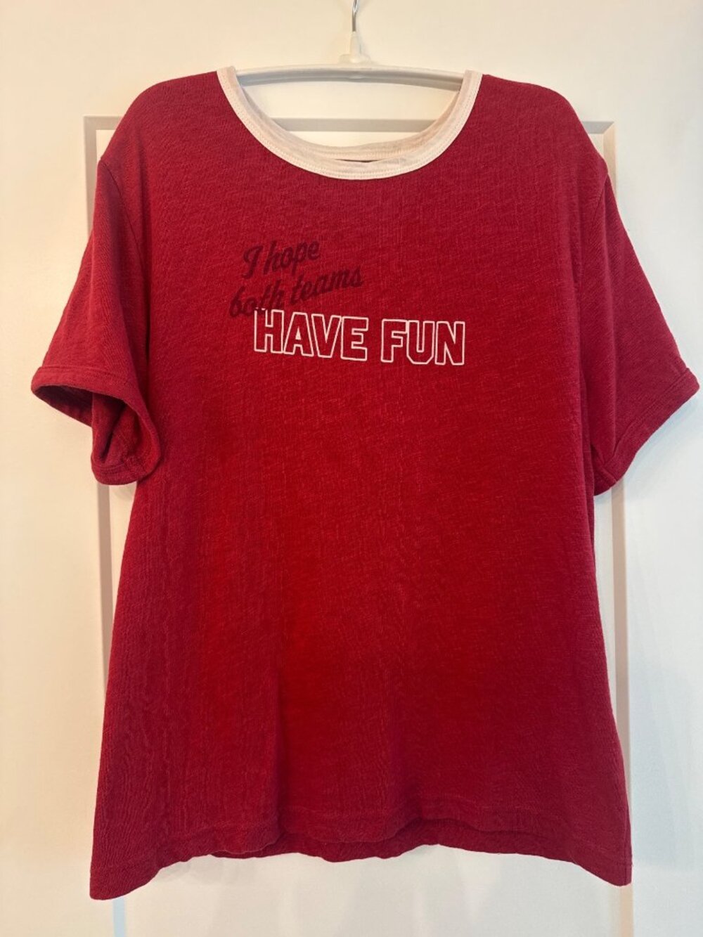 I Hope Both Teams Have Fun Graphic Tee Red White Ringer Maeve Medium Cotton Blen